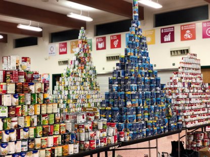 The famous towers of cans at Jesuit High School's annual food drive. 