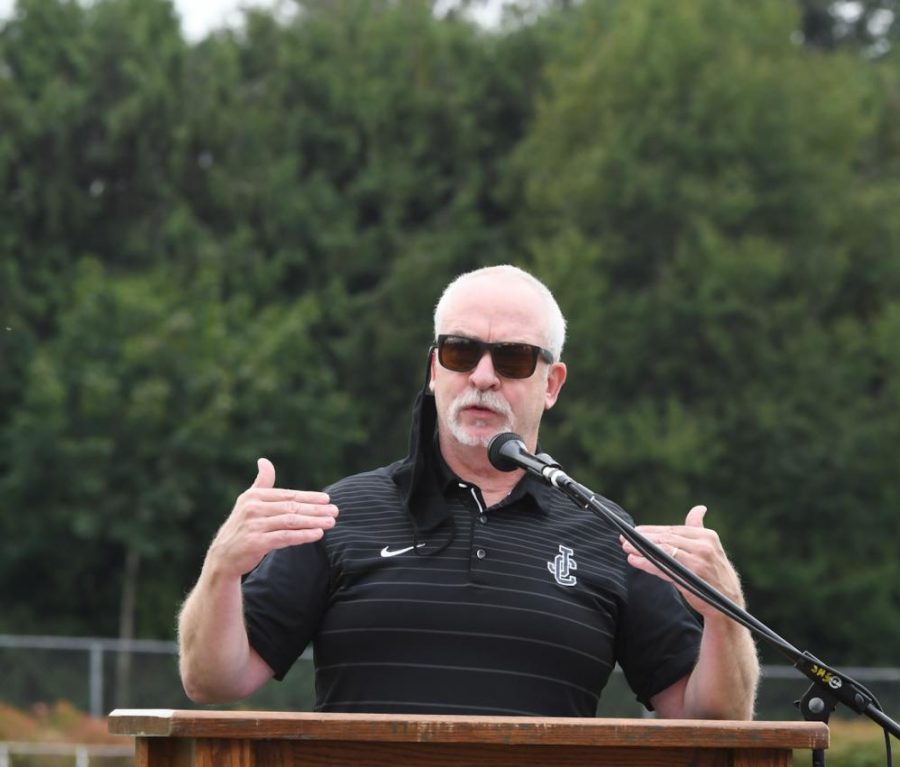 Principal Hogan speaks to the student body at the opening assembly.