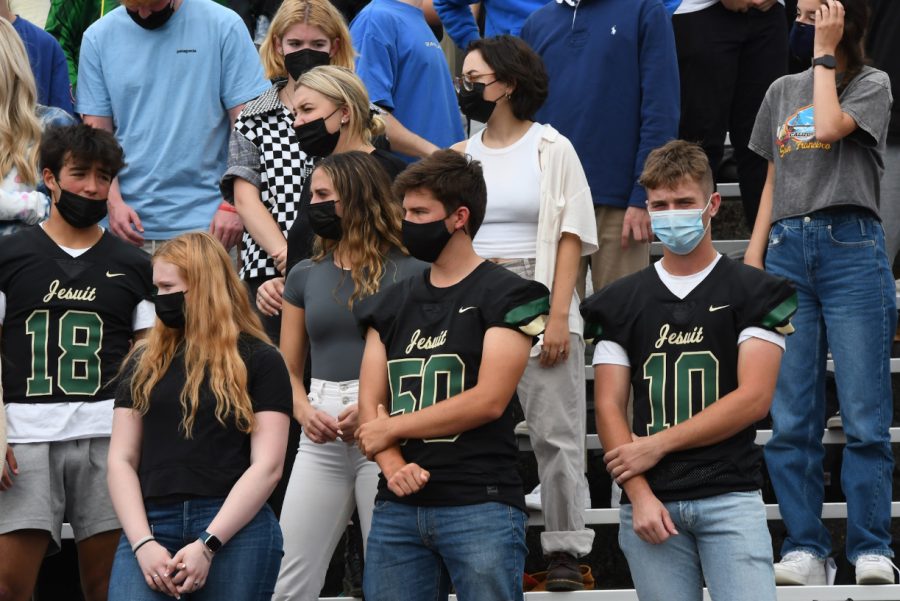 Masked students at the opening assembly for the 2021-22 school year, Courtesy of Jesuit Photography