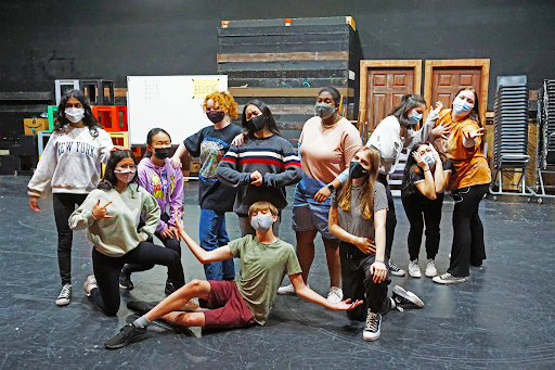 ALL TOGETHER NOW’s Gold Ensemble posing during rehearsal, featuring Quincy Hotchkiss, Kava Ananth, Isabel Diab, Grace Sohn, Piper Lavey, Denyse Gallardo, Tabitha Johnson, Anna Lyke, Ava Maloco, Melanie Rosales, and Frankie Mondeaux. 