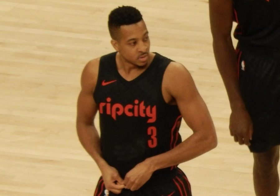 CJ McCollum gets ready at the beginning of an NBA game for the Blazers.