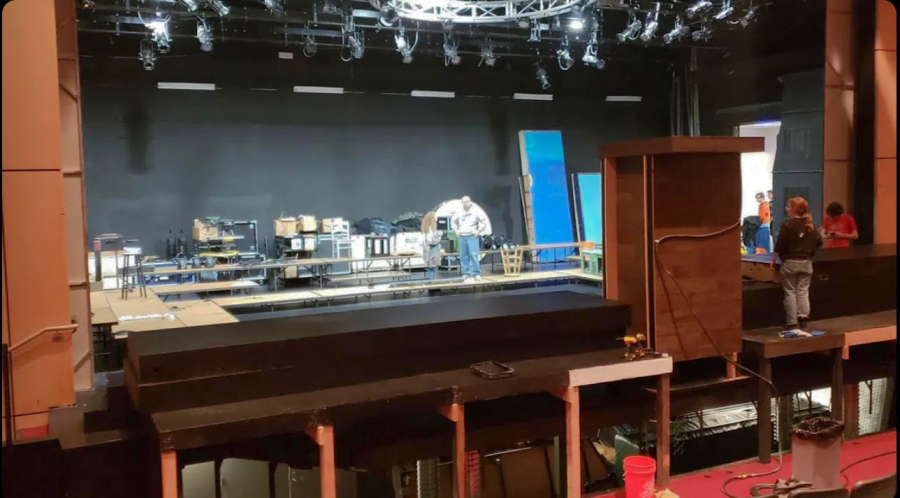 The EURYDICE set being constructed by volunteers and tech theater students.