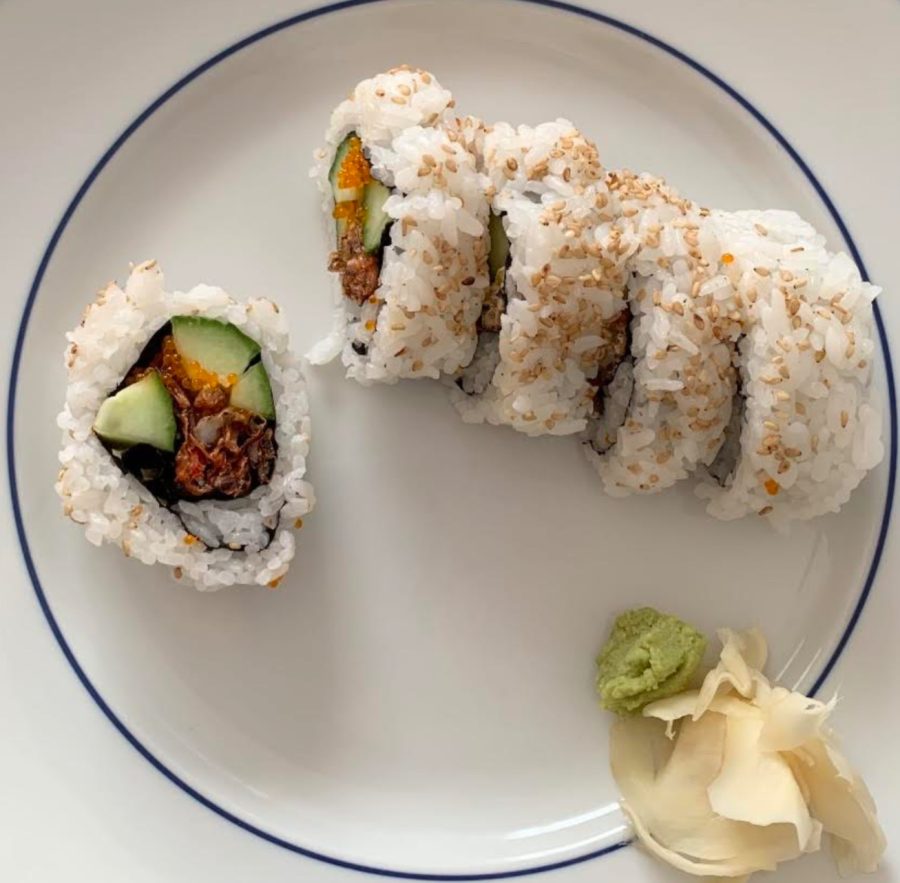 Spider Roll from Sambi with cucumber, soft-shell crab, and flying fish roe