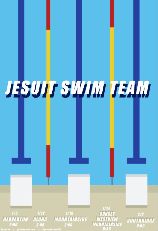 Jesuit Swim Team Schedule poster including upcoming meets.