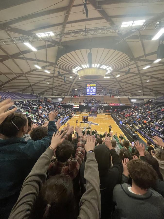 The+Jesuit+Student+section+watches+the+quarterfinals+game+against+Willamette+with+anticipation.+