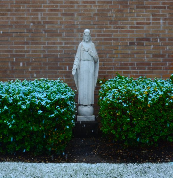 An archive image shows the statue of Jesus outside of the chapel in a dusting of snow.