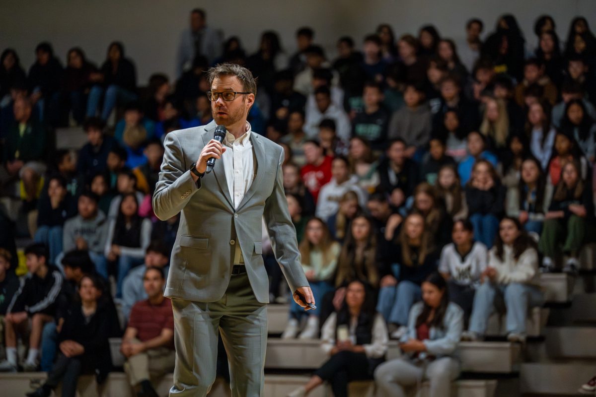 Spencer Wagner, educator from Regis High School, Denver, spoke to the student body about how he perceives the intersection of education and AI (courtesy Mr. Falkner)