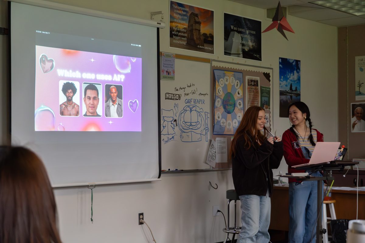 Ingrid Schmidt and Annie Duan ask students which photo is edited by AI. 