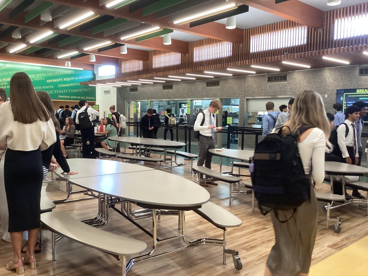 Students wandering the lunch room during break.