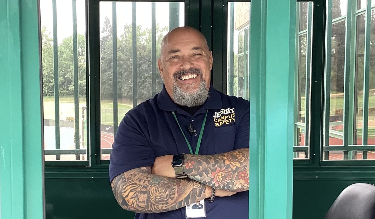 New campus monitor Mr. Perez in his campus safety booth.