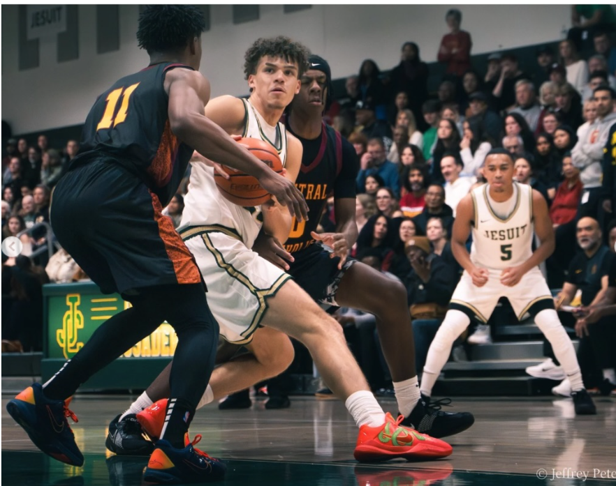 Jesuit fell to Central Catholic 48-41 on January 9th at the Knight Gym. Curvy and Harrison (pictured) scored 12 each for the Crusaders.