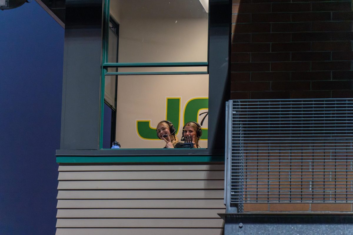 JCTV announcers in the press box on Cronin Field. 